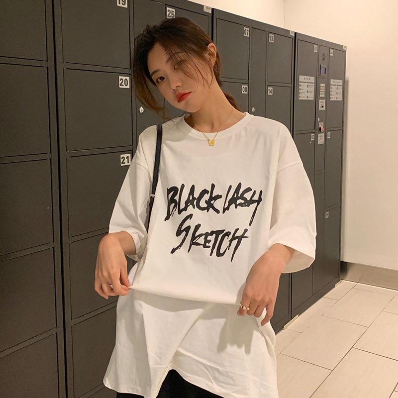 748 #200g pure cotton new spring and summer medium and long loose large size fat MM short-sleeved t-shirt women