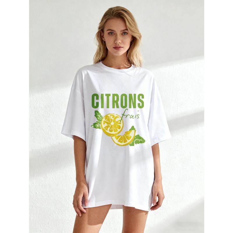 Oversize T-shirt Czarny Citrons Frais Nadruk Cytryn i Tekst Letnia Codzienna Odzież