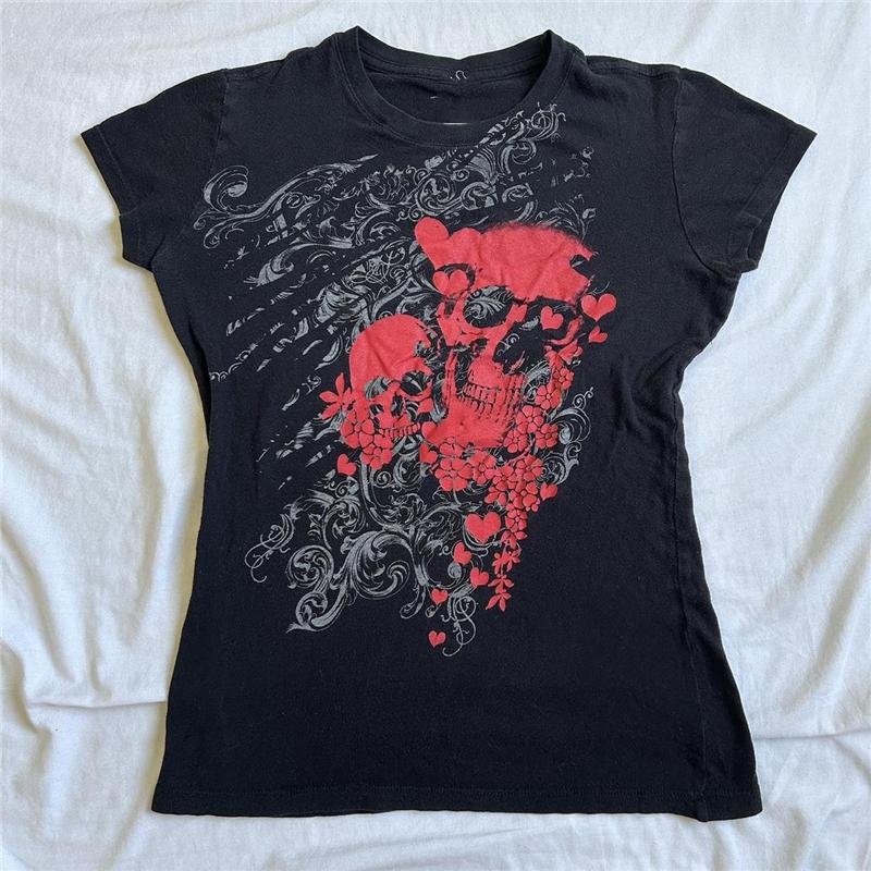 Xingqing Goth y2k Oberteil 2000er Damen Emo Kleidung Herz Totenkopf Print Rundhals Kurzarm T-Shirts Grunge Ästhetik Kleidung XL gray