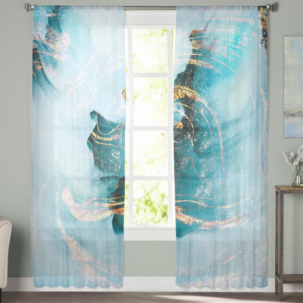 Youth Bedroom Sheer Curtains Abstract Blue Marble Texture Kitchen Study Curtains Living Room Holiday Decor Tulle Curtains