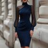 2026 Dámské síťované šaty s vysokým límcem a nabíranými lucernovými rukávy, přiléhavé bodycon midi, na večerní párty, elegantní příležitost