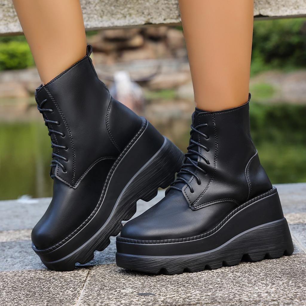 Fashion New Women Pu Leather Ankle Booties Woman Autumn Winter Round Toe Lace-up Shoes Woman Motorcycle Platform Gothic Boots Cosplay 98