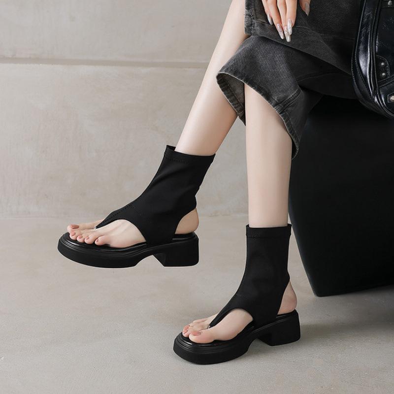 New women's platform sandals casual black large size shoes summer sandals sleeve one pedal women's cool boots round head