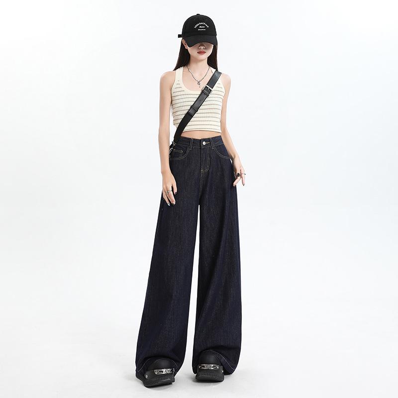 Women's Blue Wide-Leg Loose Fit Jeans - 2024 Summer Casual Floor-Length Pants