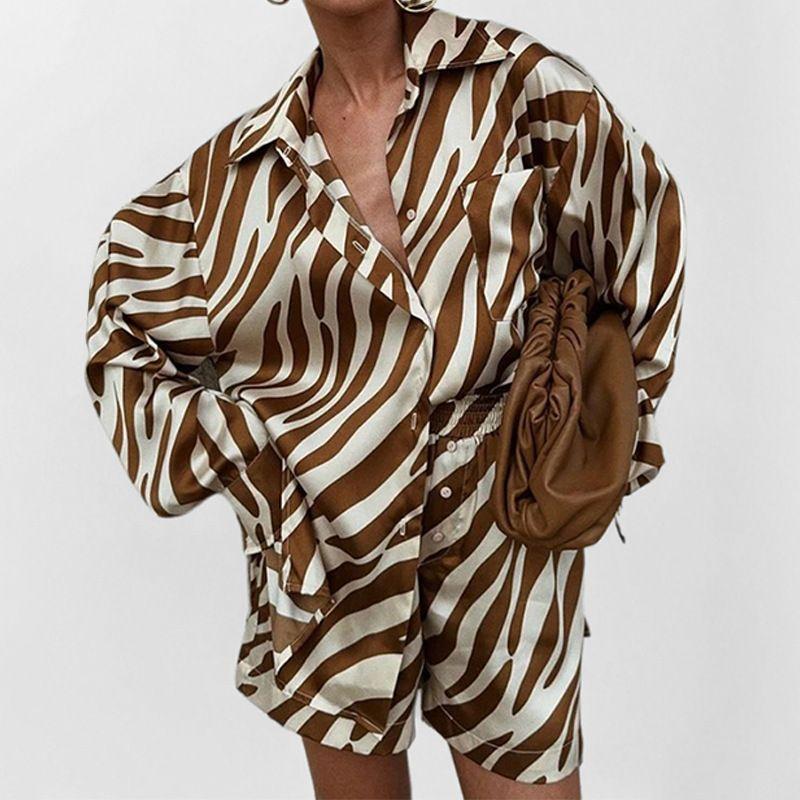 

Two Piece Shirt Set Autumn European and American Women s Top Shorts Print Fashion Casual Shirts Two-piece Set Brown XXXL