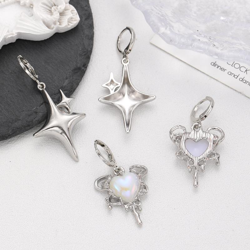 Simple Silver Color Star Earrings For Women Girls Opal Stone Heart Hoop Earrings Punk Y2K Cute Daily Wear Jewelry Party Gifts