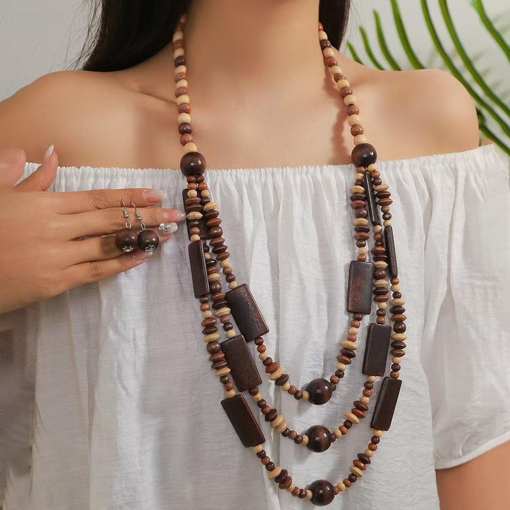 Ethnic Beaded Necklace Women Multi Layer Geometric Wooden Beads Boho Jewelry Premium Simple Versatile Fashion Accessories