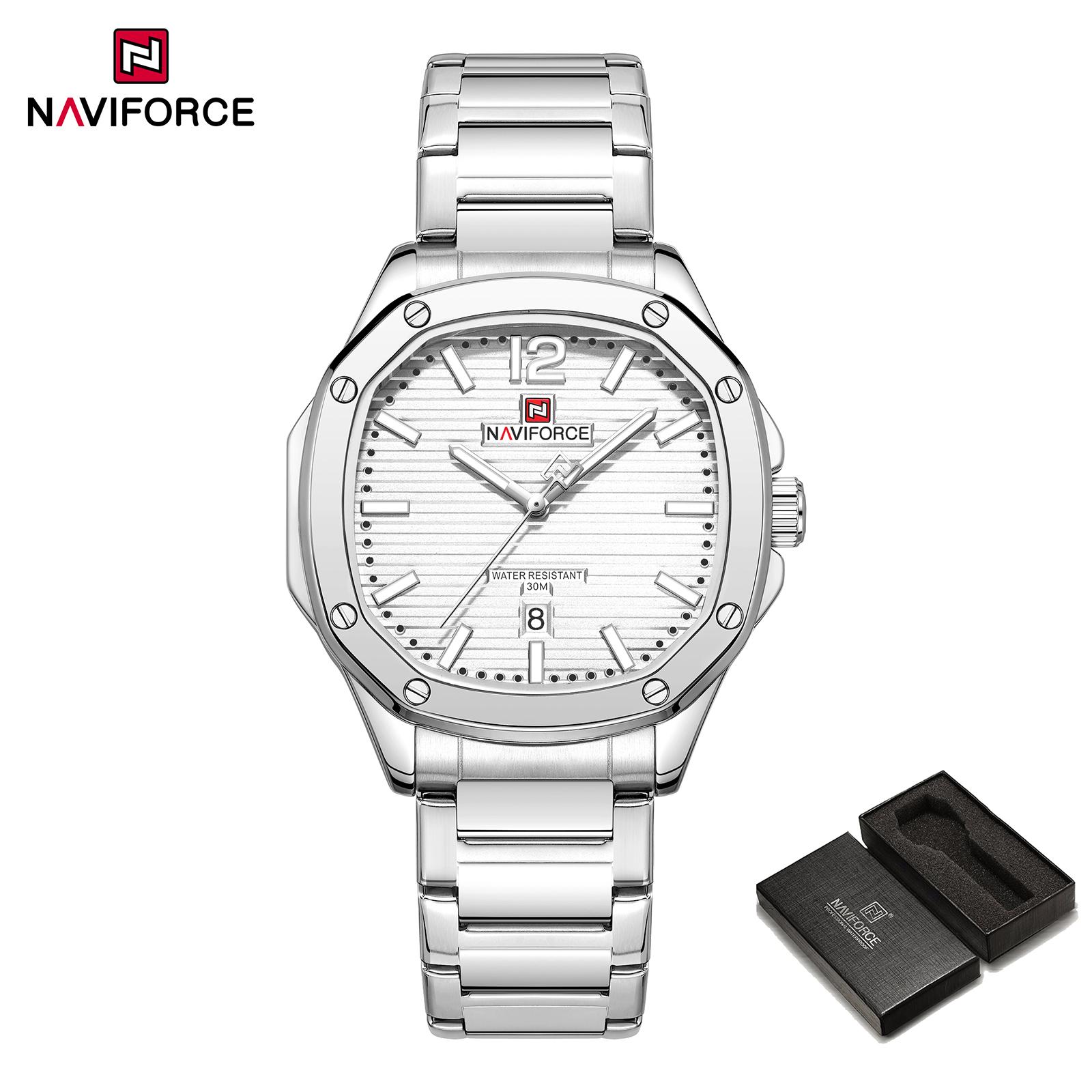 

Naviforce Оригинальные мужские кварцевые часы с календарем, полигональным циферблатом, ремешком из нержавеющей стали, водонепроницаемые, 30 м, светящиеся, мужские деловые повседневные часы NF9243S серебряный