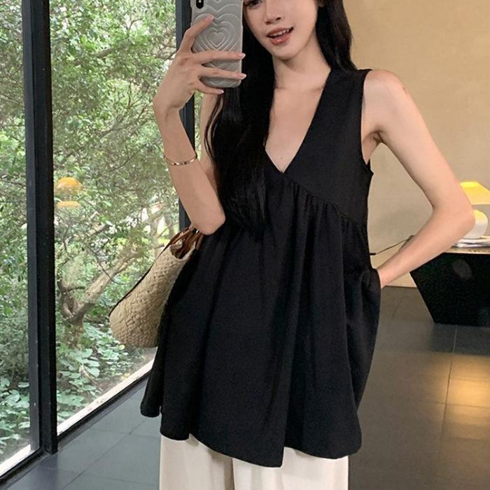 Large Size Fat Mm Temperament Sleeveless Black Vest Shirt Women's Summer High-end Korean Version Loose Meat-covering Shirt Top