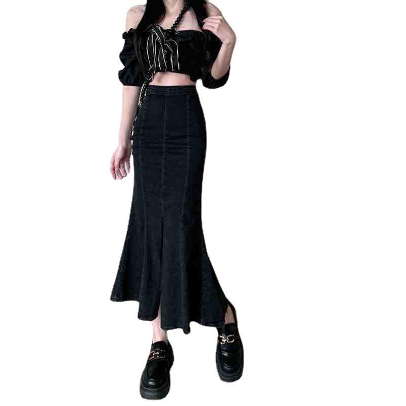Elegant Summer Black Thin Package Hip Elastic Open Fork Fishtail Skirt Ruffled Temperament Female Versatile Comfortable Fashion Denim Bustier Skirt
