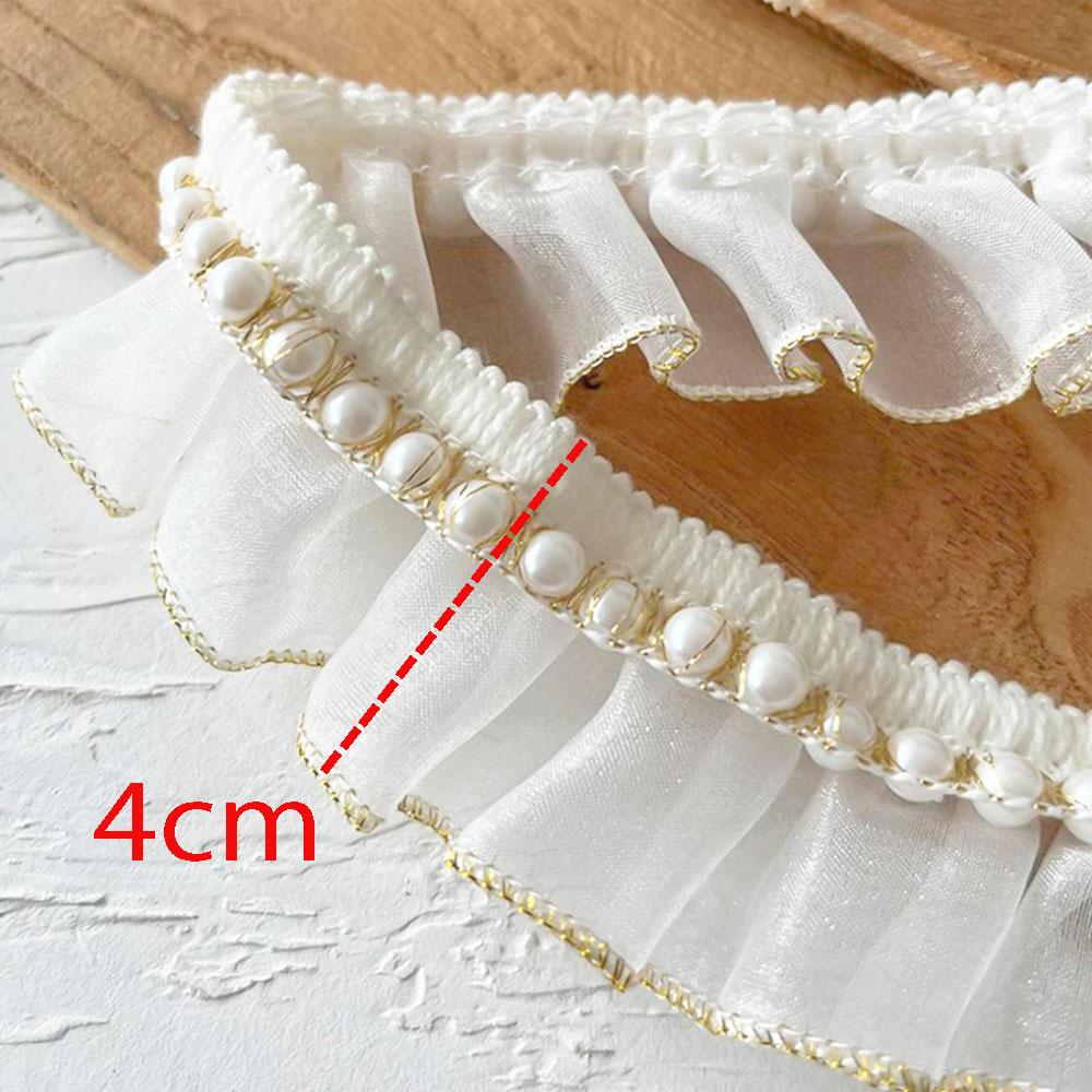 1 Yard White Mesh Pleated Pearl Fabric Glitter Beaded Fringe Lace Edge Trim Garment Collar Ribbon Wedding Dress Applique Decor