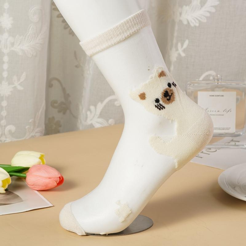 3/5 Pairs Cartoon Bear Sheer Mesh Socks for Women Breathable Transparent Ankle Socks Thin Summer Socks Cute Animal Pattern Socks