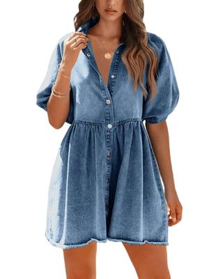 Vestido Babydoll de Verano para Mujer, Manga Corta, Botones, Vestido de Jean