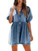 Womens Summer Denim Babydoll Dress Short Sleeve Button Down Jean Dress