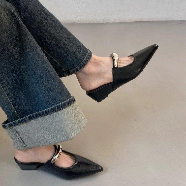 Temperament spitze Metallwort mit Taschenkopf Halbschuhe neue Keilabsatz Mittelhochschuhe Plateau Damen Hausschuhe