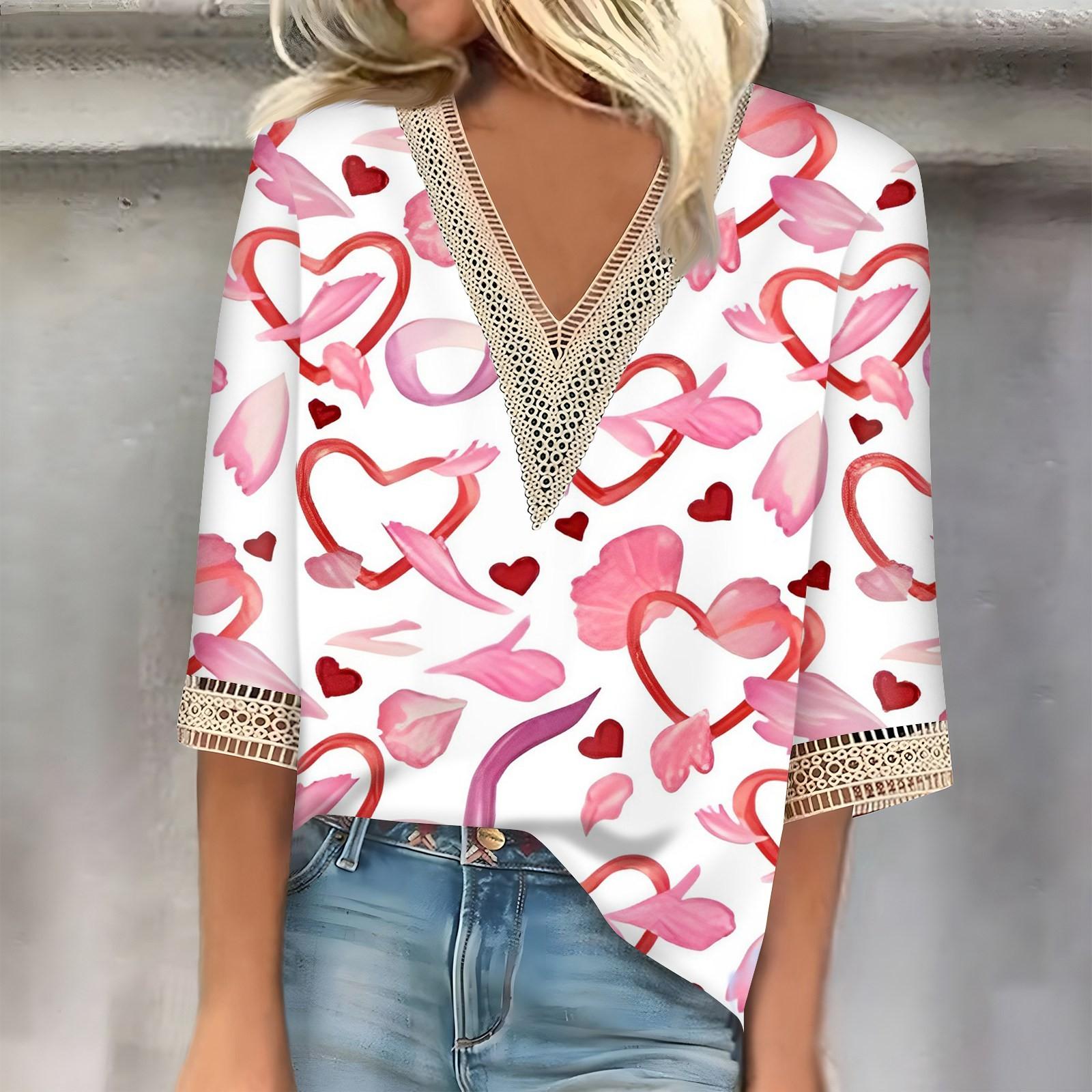 

Женский топ с рукавом три четверти, кружевной, с принтом ко Дню святого Валентина, модный, базовый, с V-образным вырезом, обычный топ XL арбуз красный