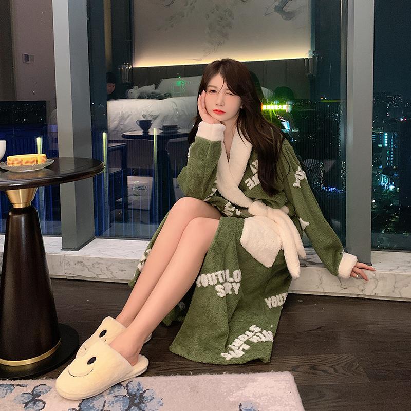 Kontrastní barva Jednoduché Zimní Nové Dámské Pyžamo Sladké a Šik Zesílené Teplé Dámské Flanelové Pyžamo s Dlouhým Rukávem