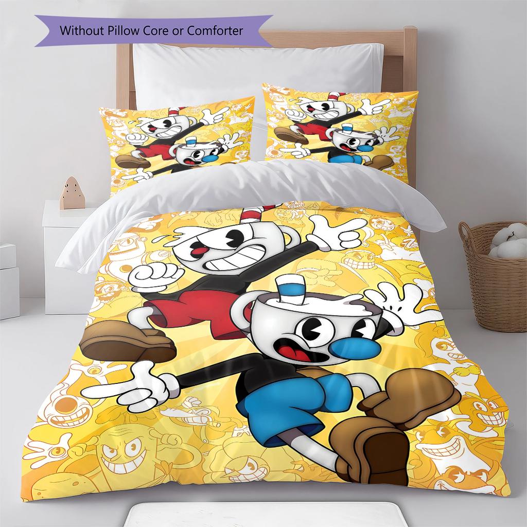 Cuphead Cute Cartoon Pattern Bedding,Quilt Set Quilt Cover Pillowcase Home Birthday Gift (1 * Duvet Cover + 2 * Pillowcase, Without Core)