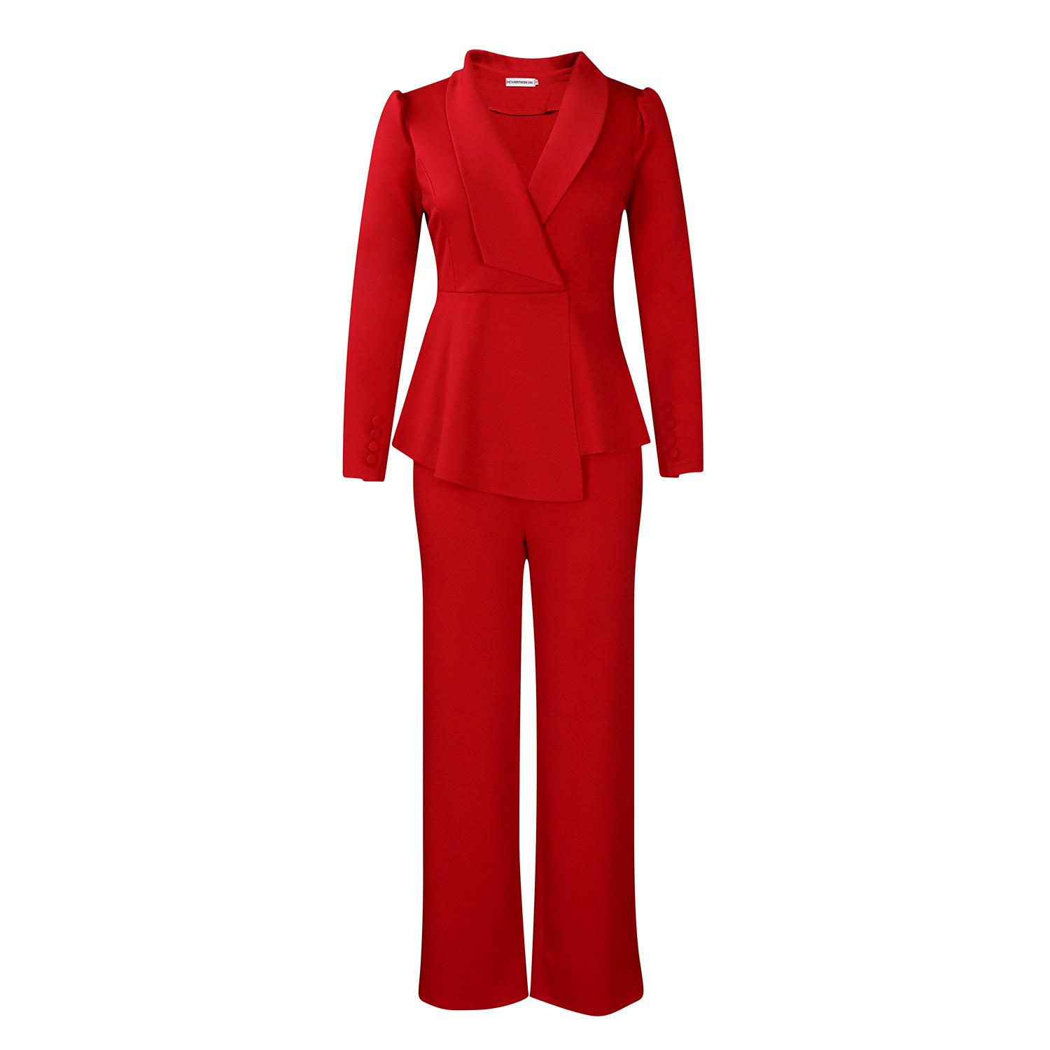 

Women s 2025 Stylish Lapel Long Sleeve Top & Loose Straight-Leg Pants Set XXXL вина червоного кольору