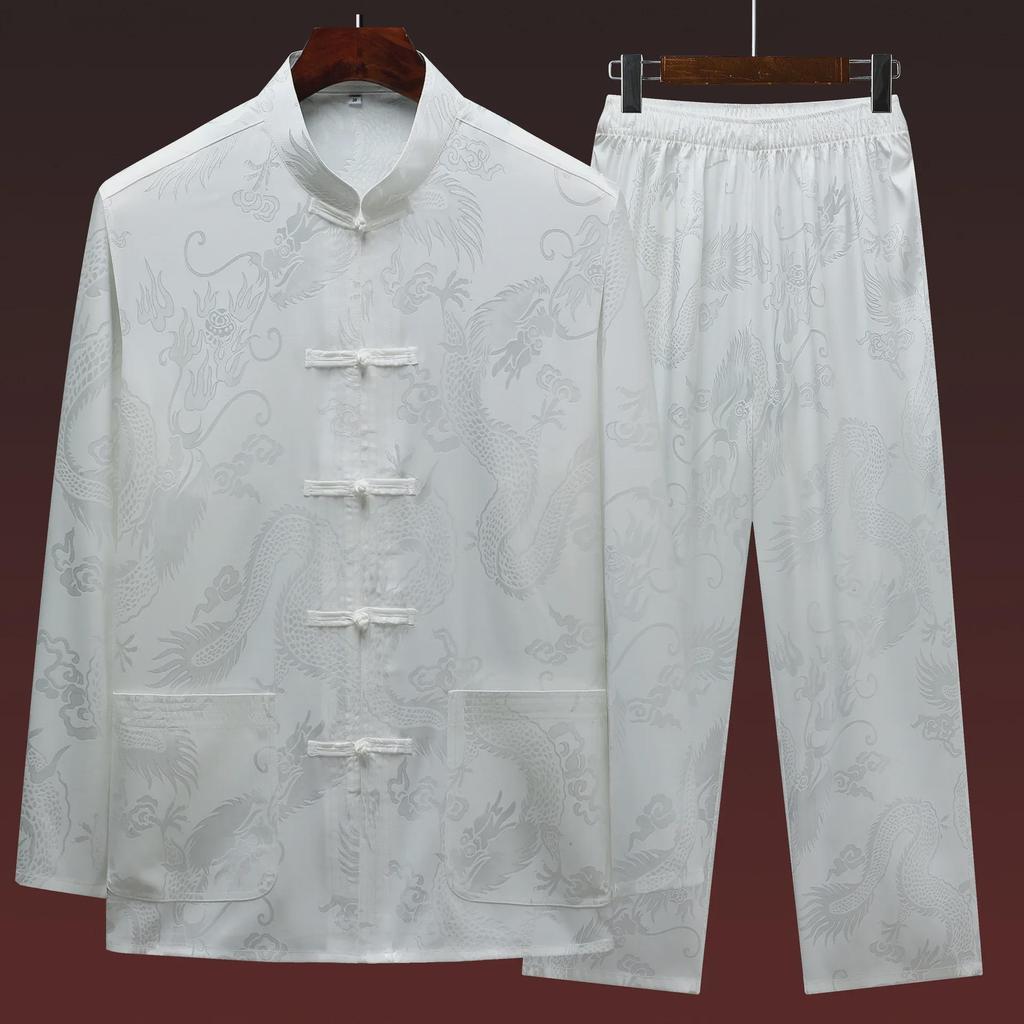 Men's Retro Ice Silk Long-Sleeved Tang Suit for Spring/Summer - Middle-Aged & Elderly Hanfu Tai Chi Outfit