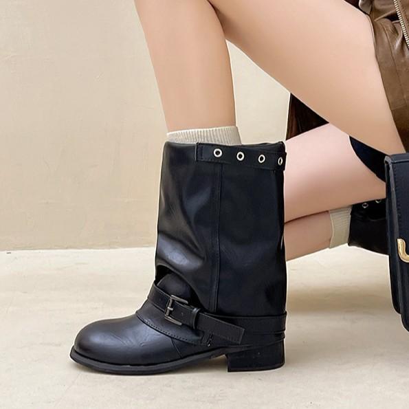 Fashion versatile retro big tube wrinkled piled boots women's 2025 autumn and winter new belt buckle thick heel fashion boots