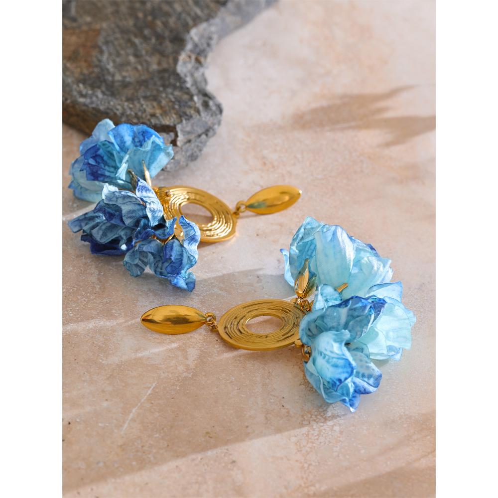 Eetit Spring Summer Fashion Bohemian Blue Cloth Flower Drop Earrings Exclusive Stainless Steel Handmade Fairy Jewelry
