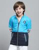 Boys Solid Blue Mock Neck Full Sleeve Jacket