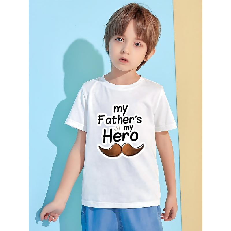 Europäische Größen Mein Vater Mein Held Herzaufdruck, Bequemes Kurzarm-T-Shirt für Kinder, Sommer-Oberteil für Jungen mit Schnurrbart-Aufdruck