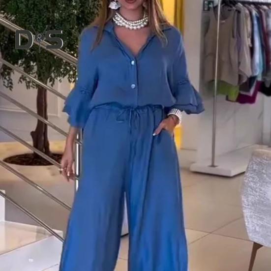 Damen Jumpsuit mit weitem Bein und Knopfleiste, V-Ausschnitt, 3/4-Rüschenärmel, Strampler, Sommer, lässiger Kordelzug, Overall, einteiliges Outfit