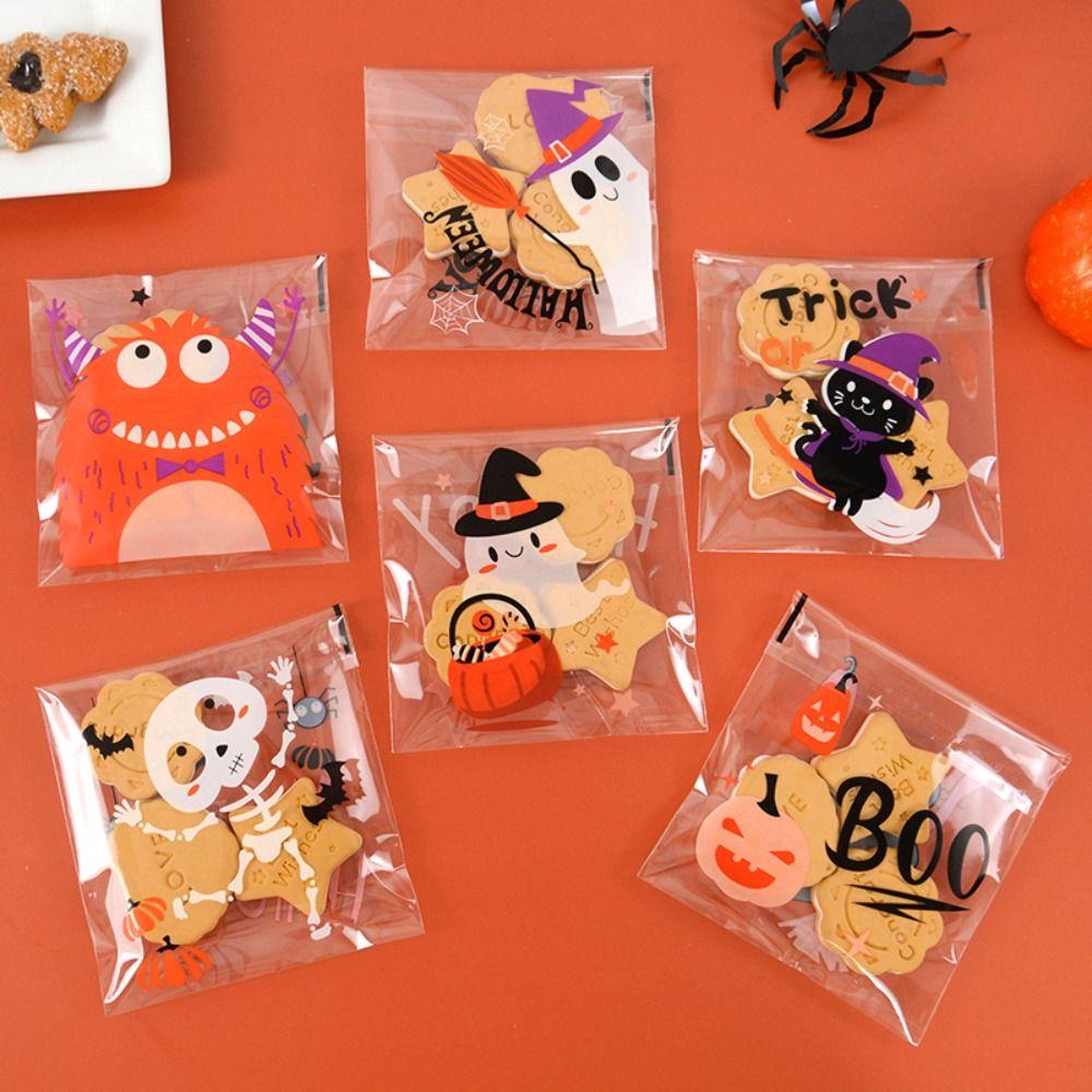 100PCS Pumpkin Halloween Plastic Candy Pouch Ghost Halloween Biscuit Gift Bag   Halloween