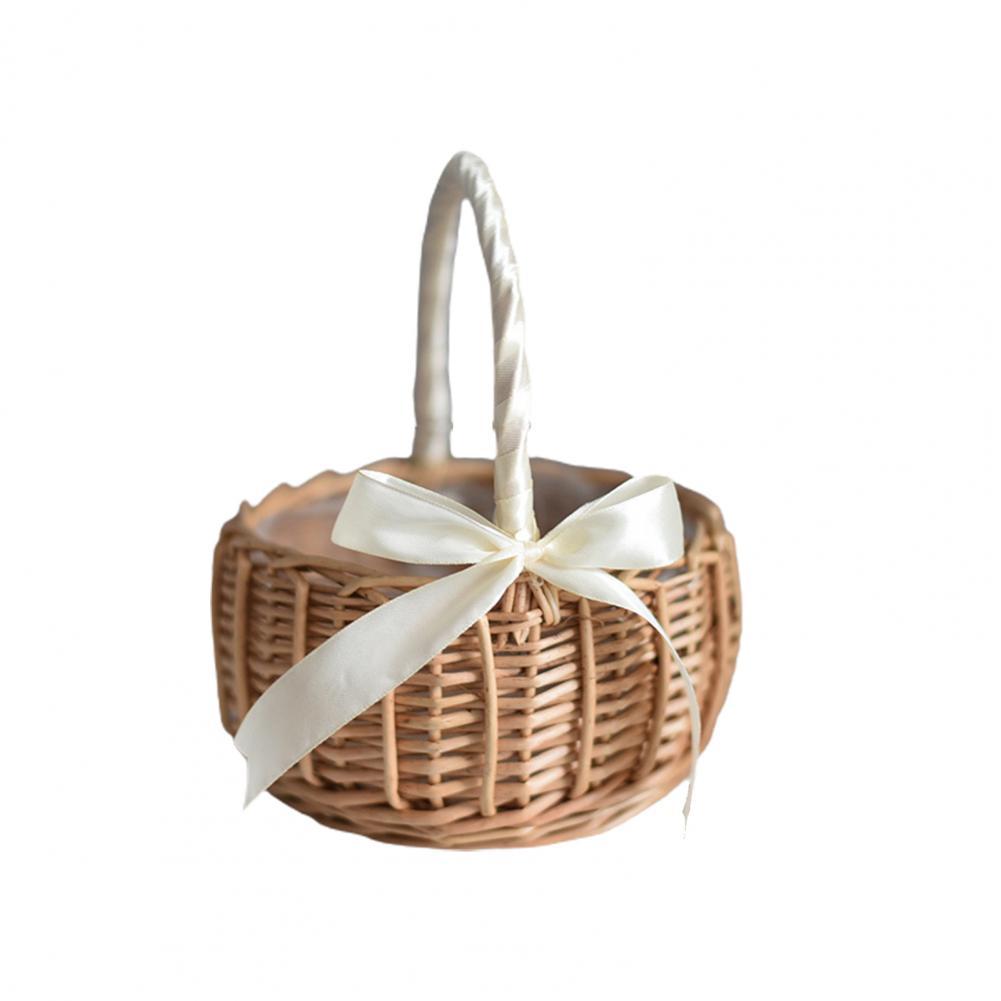 Hand-woven Wedding Flower Basket With Handle Wicker Sundries Basket Wedding Flower Girls Basket for Home Picnic Storage Basket