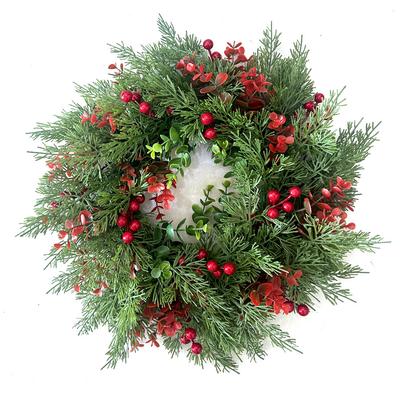 Artificial Christmas Wreath, Artificial Green Plant Eucalyptus Pine Branch Red Fruit Plastic Wreath Door Pendant