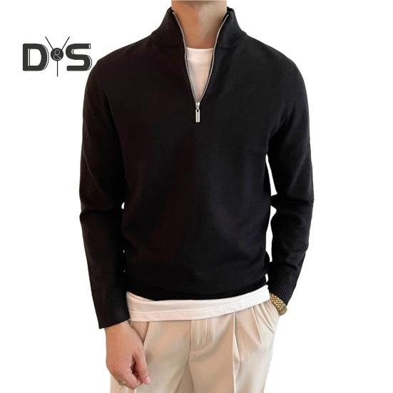

Осень-зима мужской свитер на молнии с полувысоким воротником и длинными рукавами, трикотажный толстый теплый однотонный пуловер, эластичный повседневный трикотаж M чёрный