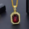 Inlaid Diamond Square Ruby Necklace Hip Hop Men'S Pendant Red Stone Pendant Vintage Jewelry Costume Accessories
