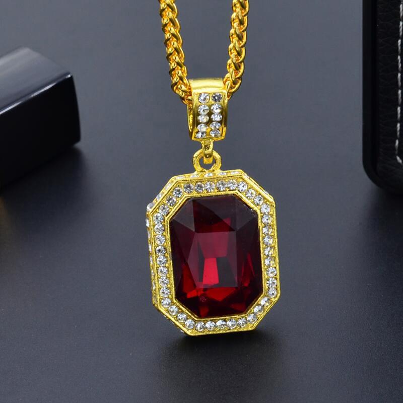 Inlaid Diamond Square Ruby Necklace Hip Hop Men'S Pendant Red Stone Pendant Vintage Jewelry Costume Accessories