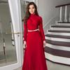 2024 Autumn Women's Solid Color Round Neck Pleated Waist-Hugging Long Dress