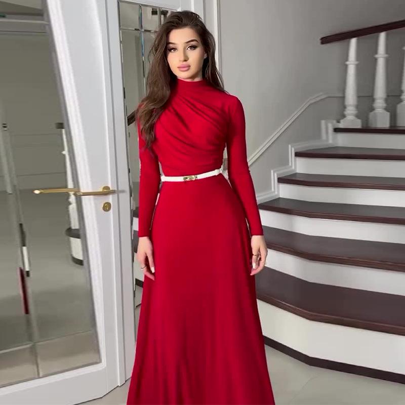 2024 Autumn Women's Solid Color Round Neck Pleated Waist-Hugging Long Dress