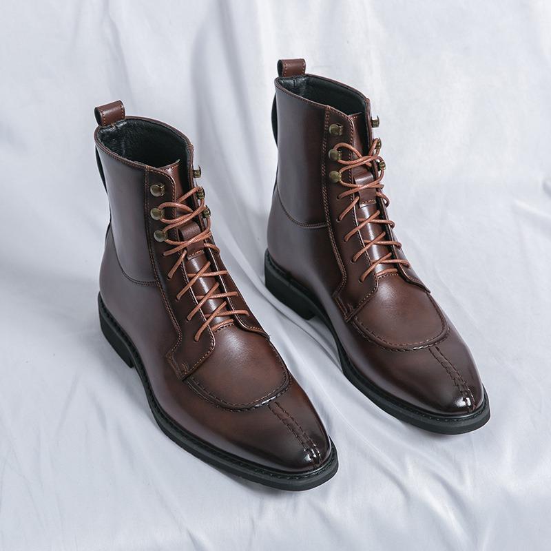 British Men's Leather Boots Pointed Business Dress Boot Lace Up High-Top Boots for Men Brand Casual Ankle Boot Botas2025