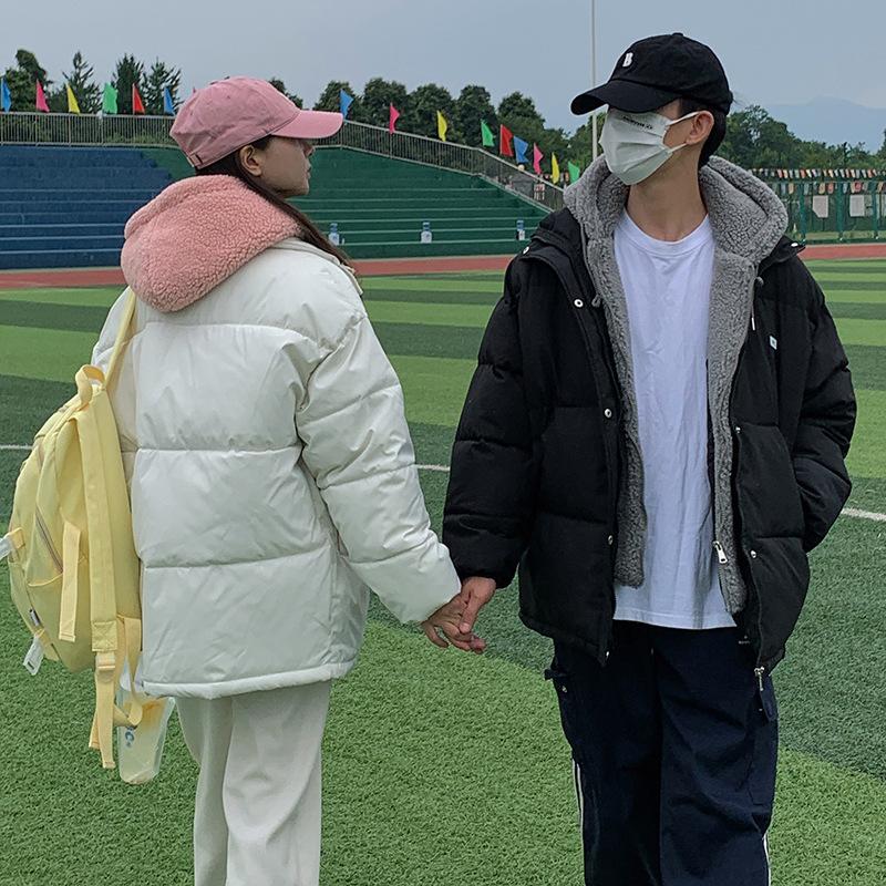 Lamb wool fake two pieces of down cotton jacket for women, 2025 new couple collegiate style loose thickened padded jacket trend