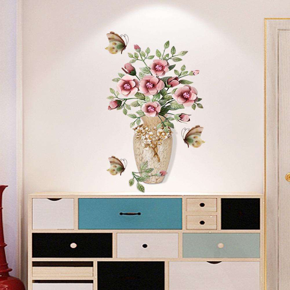 3d Flowers In Vase Self-adhesive Wall Stickers Chinese Style Wall Art For Bedroom Living Room Wall Decoration