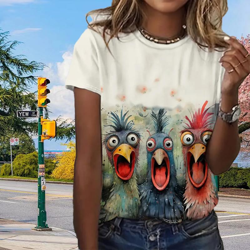 Maglietta estiva da donna con stampa di animali dei cartoni animati colorati, divertente e casual, con scollo a V e maniche corte.