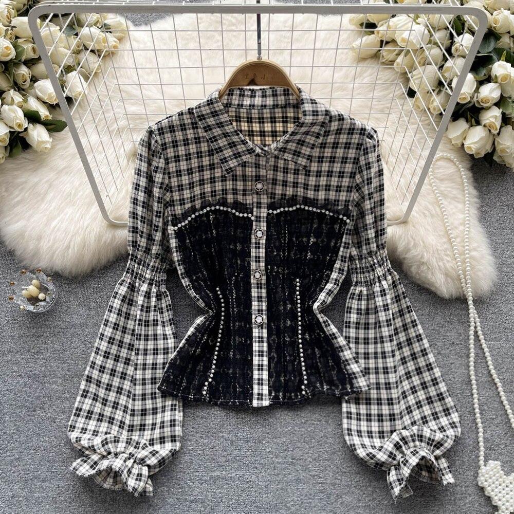 

Осенняя универсальная рубашка в клетку с пышными рукавами и талией во французском нишевом дизайне с кружевной строчкой