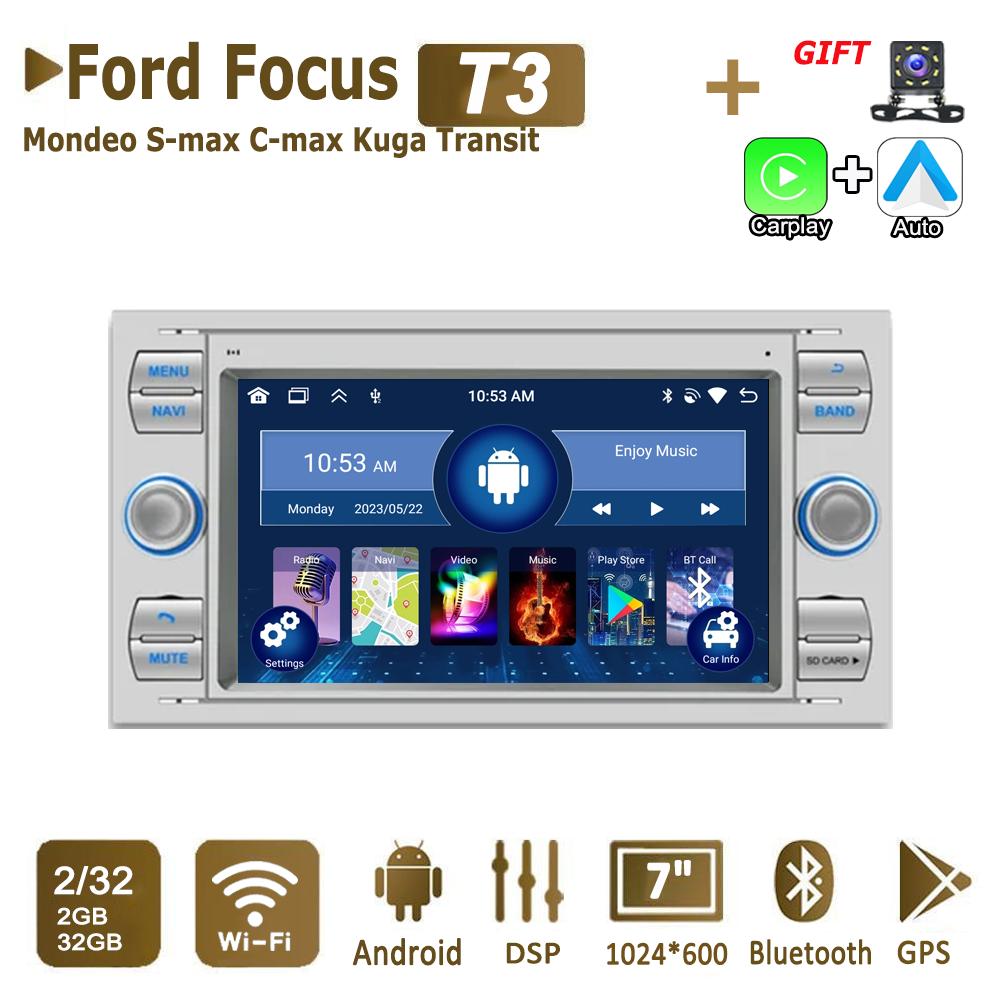

Автомобильный радиоприемник Android Multimedia Player для Ford Focus 2007 Mondeo S-max C MAX Kuga Galaxy Fiesta Transit Fusion 2 Din Carplay GPS Autoradio WiFi 4+64 ГБ 2+32GB серебряный