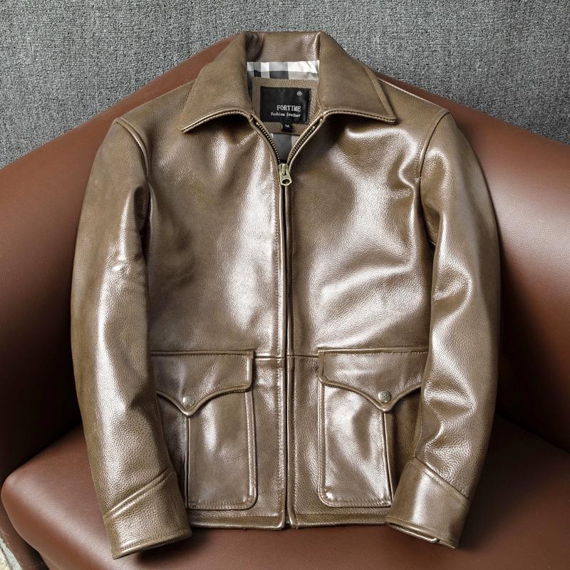 

Вощеная Утолщенная Куртка из Натуральной Кожи для Мужчин Стильное Пальто с Лацканами Модная Верхняя Одежда Оверсайз на Осень Зиму 5XL хаки