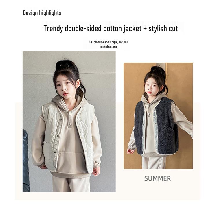 Girls' and Boys' Reversible Down Cotton Vest - Warm, Thickened for Autumn and Winter