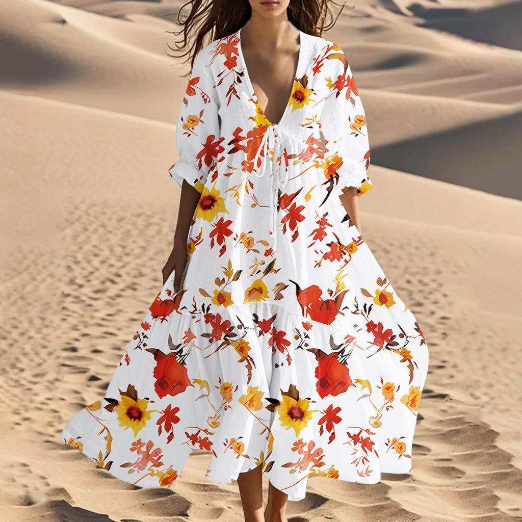 Rochie Lungă de Plajă de Vară pentru Femei, cu Decolteu în V, Vintage, cu Imprimeu Floral, cu Șireturi și Aplicații