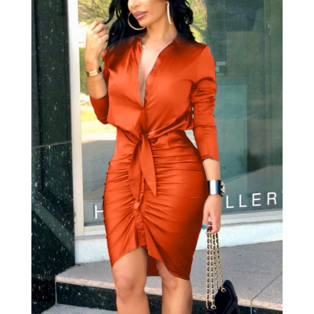 IHUASU Summer V-neck Lace-up Solid Color Long-sleeved Mid-length Shirt Dress Women