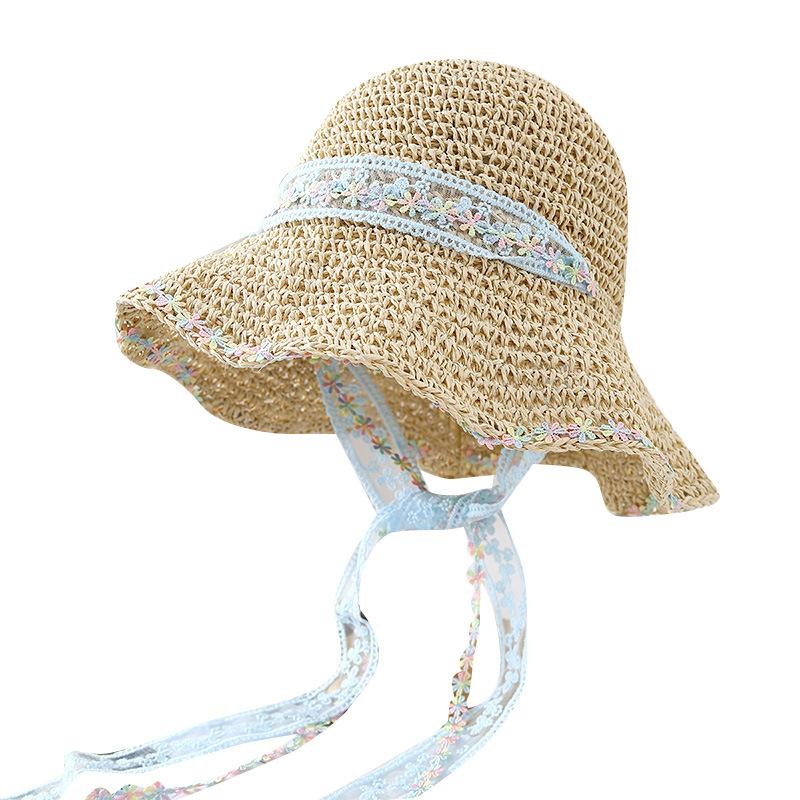 Lace Lafite Damen Strohhut Frühling und Sommer Sonnenschutz Reise Hut mit breiter Krempe Bucket Hat Strand Meer Sonnenhut