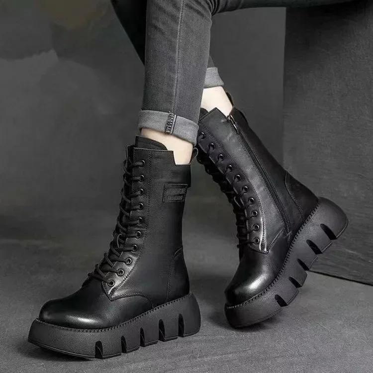 Botas de Couro Femininas Cano Alto Casual Bota de Algodão Pelúcia Quente Botas de Inverno para Mulheres Antiderrapante Botas de Plataforma Botas Mujer
