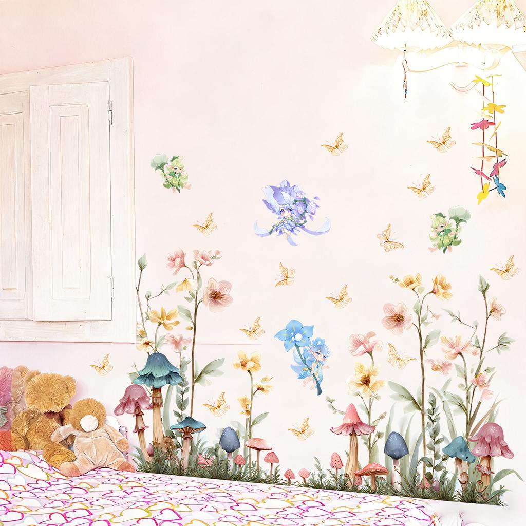 Creative Watercolor Floral Butterfly Fairy Wall Sticker for Living Room and Bedroom Background Decoration